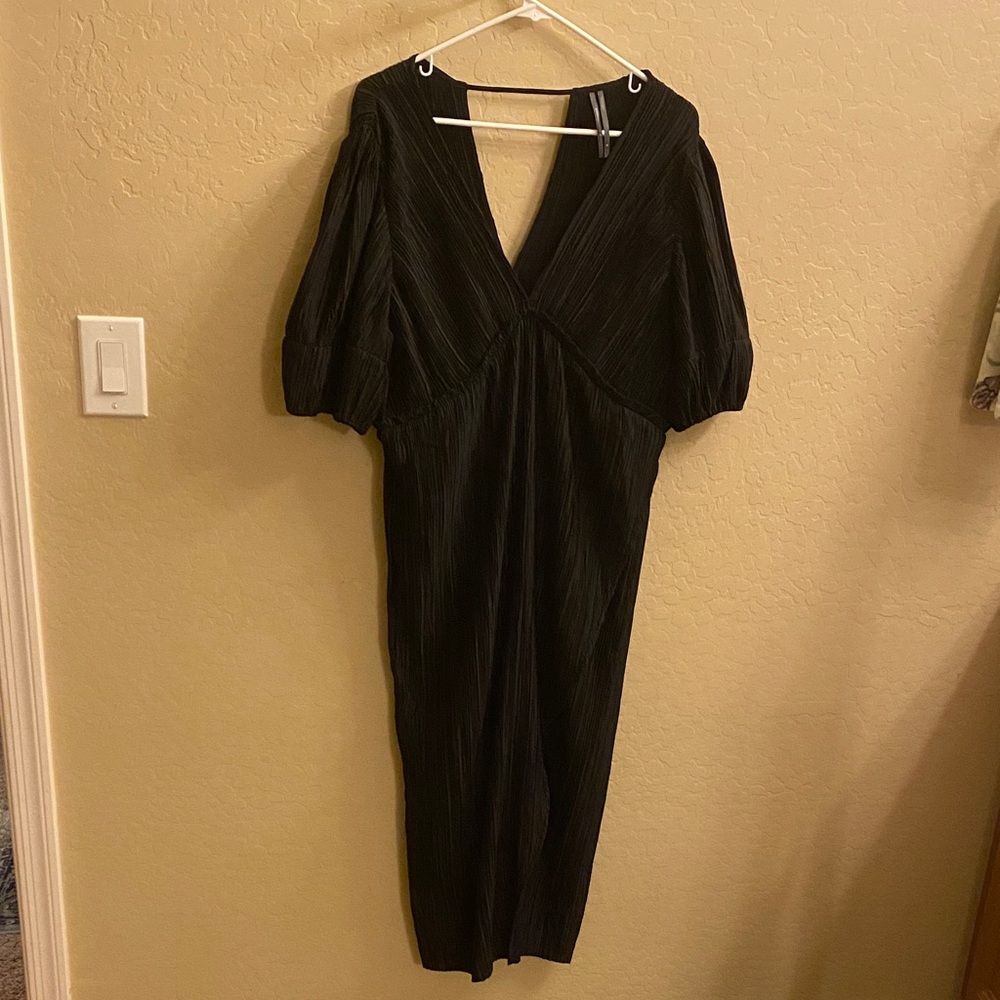 Anthropologie Pleated MIDI Black V-Neck Dress